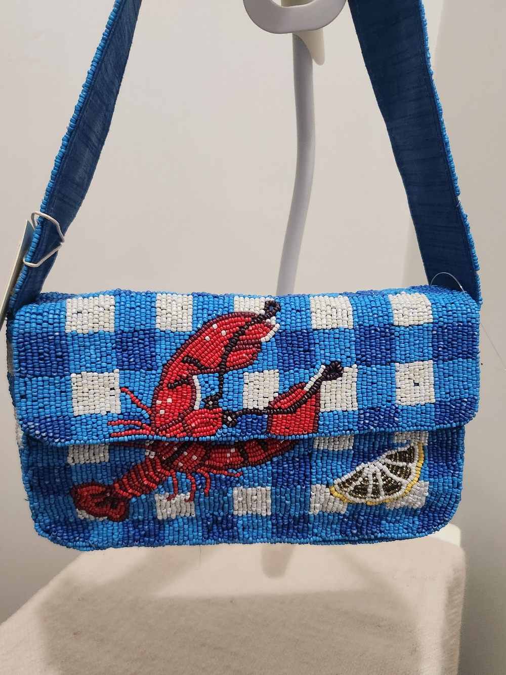 Beaded Blue Shoulder Bag with Red Lobster Motif